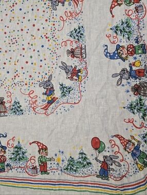 Vtg MCM Christmas Tablecloth Scandinavian Style Gnomes Rabbits 56" Square Linen